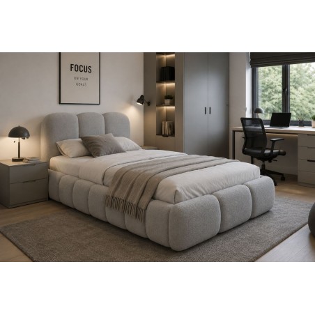 Polsterbett 100x200 cm mit dickem Kopfteil und Stauraum, Lattenrost mit Metallrahmen, Bubble Bett SOFTY