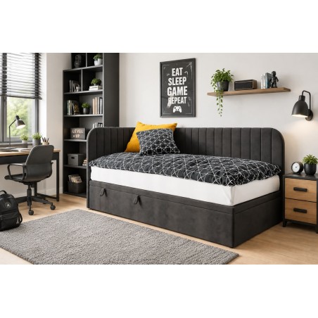 Einzelbett 90x200 cm für Jugendzimmer, Seitenblende und Kopfteil abgerundet, ANTOS 2R