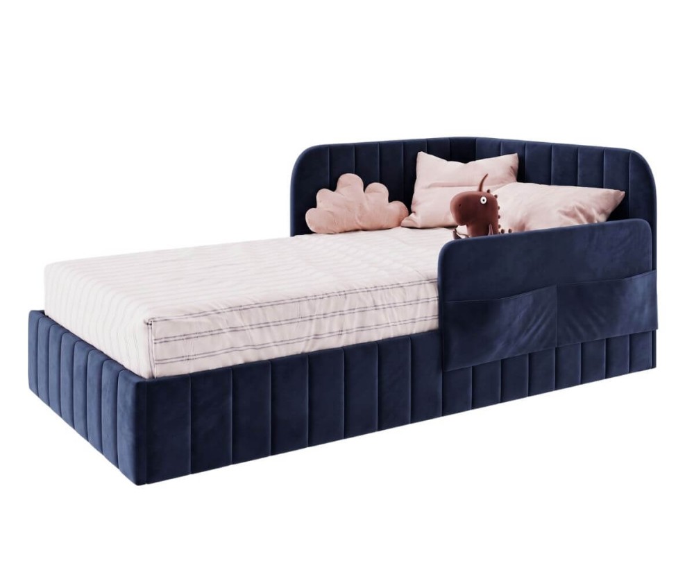 Polsterbett 90x200 cm mit Stauraum, RAUSFALLSCHUTZ und praktischen Taschen, Jugendbett MARIO SM 06K