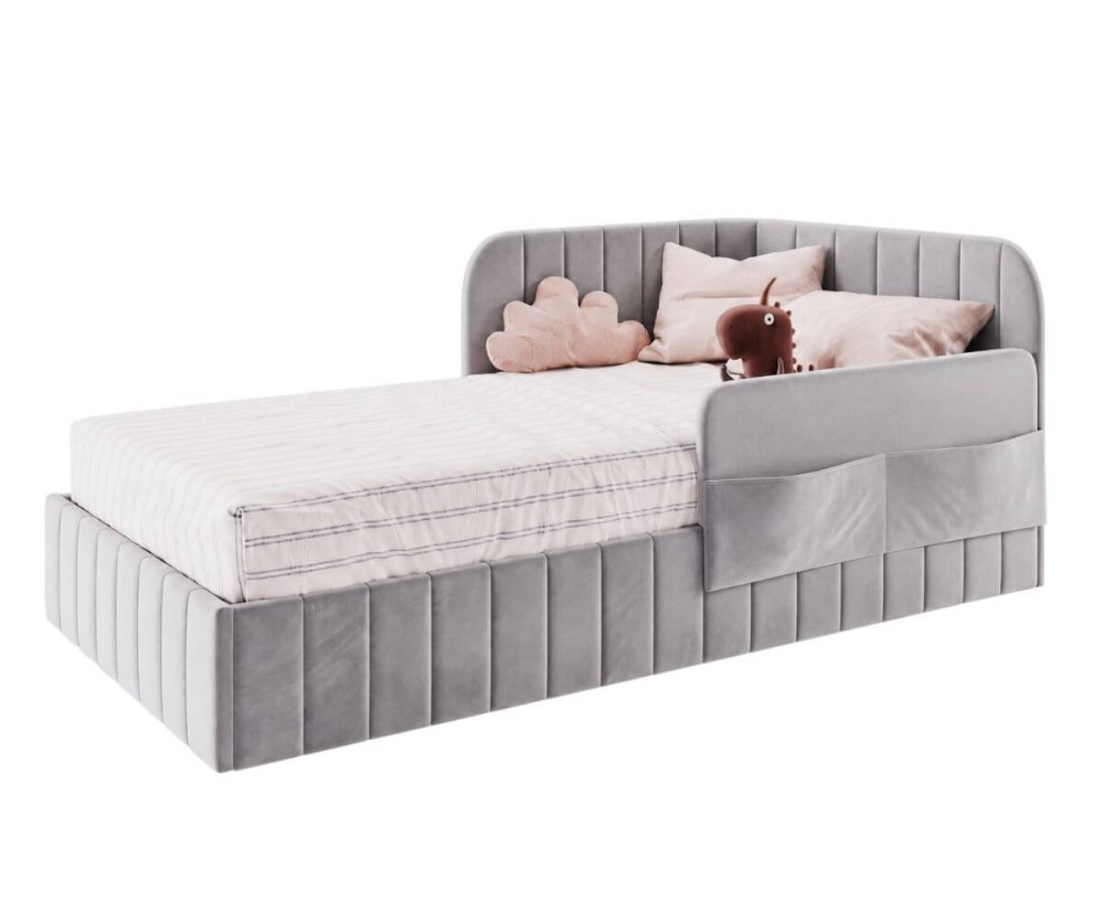 Singlebett 100x200 cm mit Bettkasten, RAUSFALLSCHUTZ und praktischen Taschen, Jugendbett MARIO SM 06K