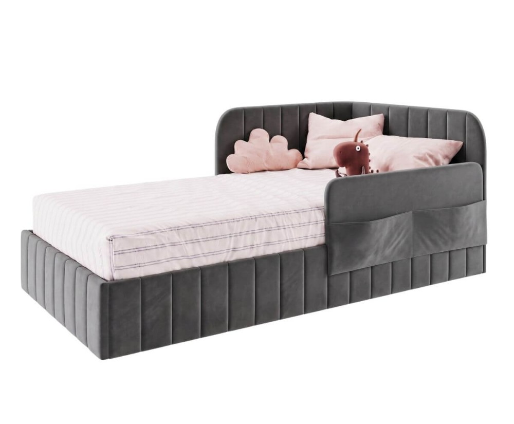 Singlebett 100x200 cm mit Bettkasten, RAUSFALLSCHUTZ und praktischen Taschen, Jugendbett MARIO SM 06K