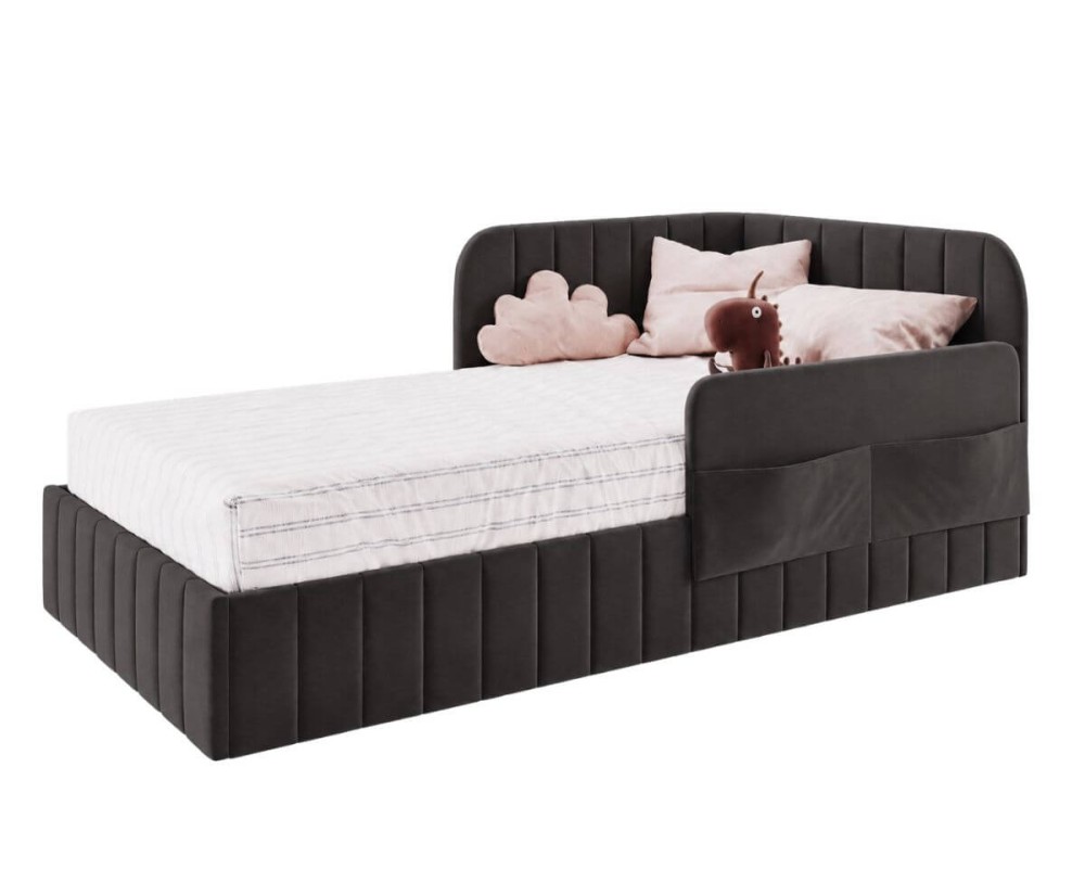 Bequemes Polsterbett 120x200 cm mit Bettkasten, RAUSFALLSCHUTZ und Seitentaschen, Jugendbett MARIO SM 06K
