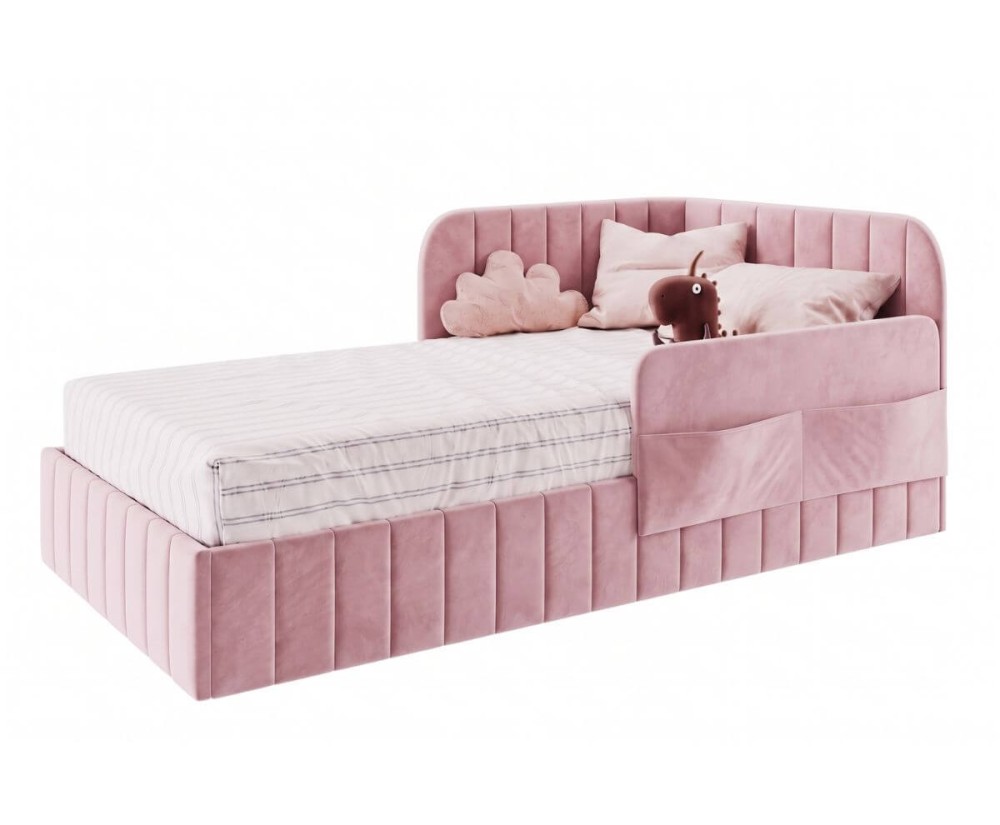 Bequemes Polsterbett 120x200 cm mit Bettkasten, RAUSFALLSCHUTZ und Seitentaschen, Jugendbett MARIO SM 06K