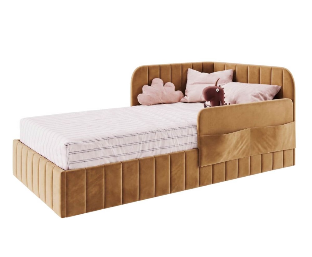 Bequemes Polsterbett 120x200 cm mit Bettkasten, RAUSFALLSCHUTZ und Seitentaschen, Jugendbett MARIO SM 06K Bequemes Polsterbett 120x200 cm mit Bettkasten, RAUSFALLSCHUTZ und Seitentaschen, Jugendbett MARIO SM 06K