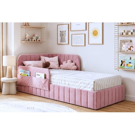 Bequemes Polsterbett 120x200 cm mit Bettkasten, RAUSFALLSCHUTZ und Seitentaschen, Jugendbett MARIO SM 06K