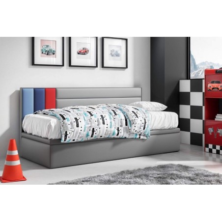 Einzelbett 90x200 cm im sportlichen Design für Jugendliche, Polsterbett mit Bettkasten, OHNE Matratze, CHAMPION 1R