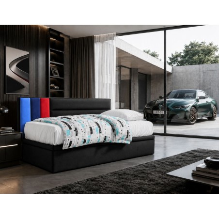 Einzelbett 90x200 cm im sportlichen Design für Jugendliche, Polsterbett mit Bettkasten, OHNE Matratze, CHAMPION 1R