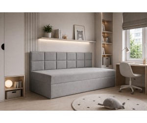 Einzelbett 90x200 cm mit Bettkasten und niedriger Rückenlehne, Polsterbett für Dachschräge, Schlafcouch MEROO 2M