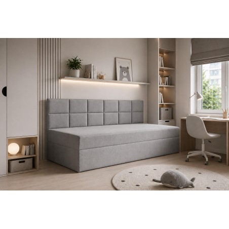 Einzelbett 90x200 cm mit Bettkasten und niedriger Rückenlehne, Polsterbett für Dachschräge, Schlafcouch MEROO 2M