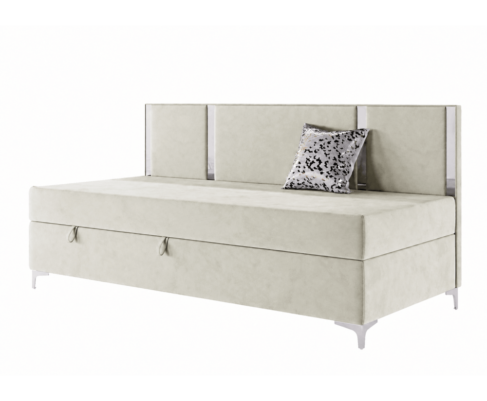 Einzelbett 90x200 cm silbernen Dekorleisten, Bettkasten und Metallfüßen, Polsterbett MEDIOLAN 3M