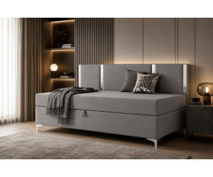 Einzelbett 90x200 cm silbernen Dekorleisten, Bettkasten und Metallfüßen, Polsterbett MEDIOLAN 3M