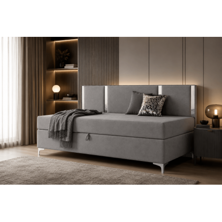 Einzelbett 90x200 cm silbernen Dekorleisten, Bettkasten und Metallfüßen, Polsterbett MEDIOLAN 3M