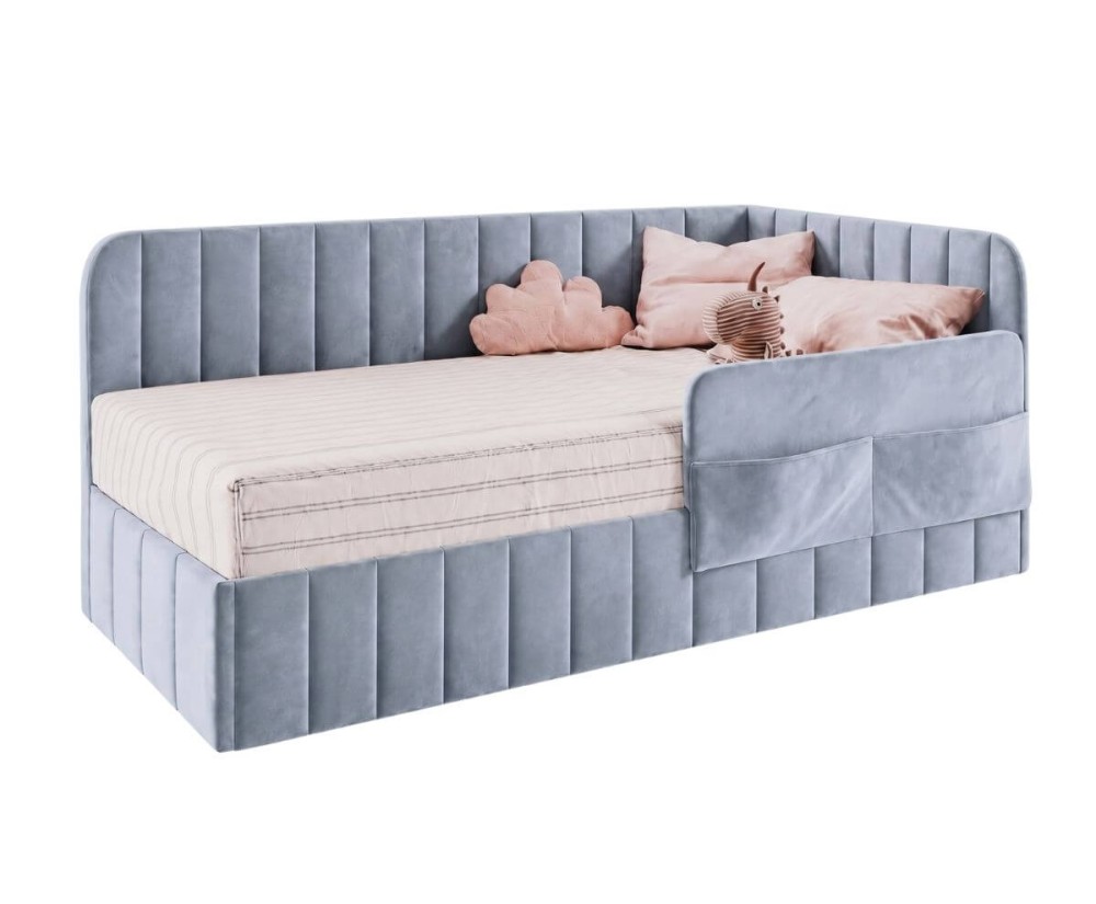 Polsterbett 80x180 cm mit Bettkasten, RAUSFALLSCHUTZ und Seitentaschen, Jugendbett MARIO SM 02K