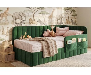 Polsterbett 80x180 cm mit Bettkasten, RAUSFALLSCHUTZ und Seitentaschen, Jugendbett MARIO SM 02K