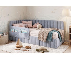 Polsterbett 90x200 cm mit Stauraum, RAUSFALLSCHUTZ und Seitentaschen, Einzelbett MARIO SM 02K