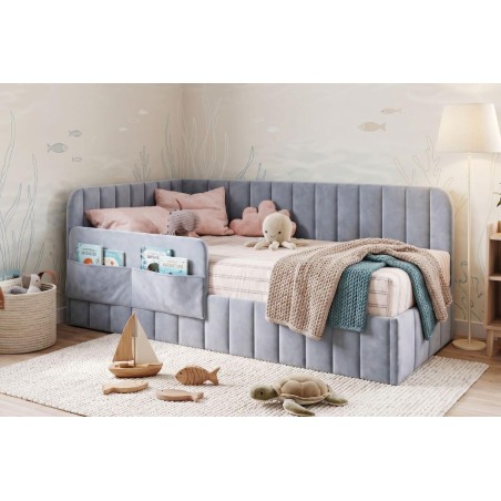 Polsterbett 90x200 cm mit Stauraum, RAUSFALLSCHUTZ und Seitentaschen, Einzelbett MARIO SM 02K