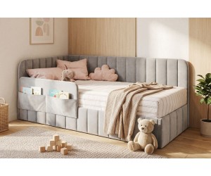 Gepolstertes Jugendbett 120x200 cm mit Bettkasten, RAUSFALLSCHUTZ und Seitentaschen, Singlebett MARIO SM 02K