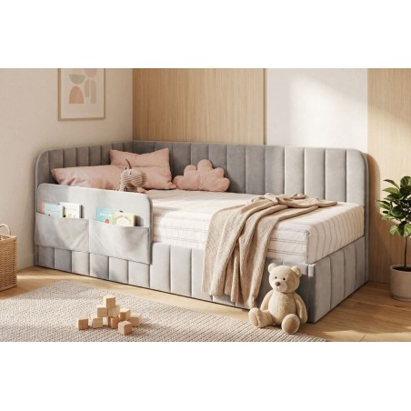 Gepolstertes Jugendbett 120x200 cm mit Bettkasten, RAUSFALLSCHUTZ und Seitentaschen, Singlebett MARIO SM 02K