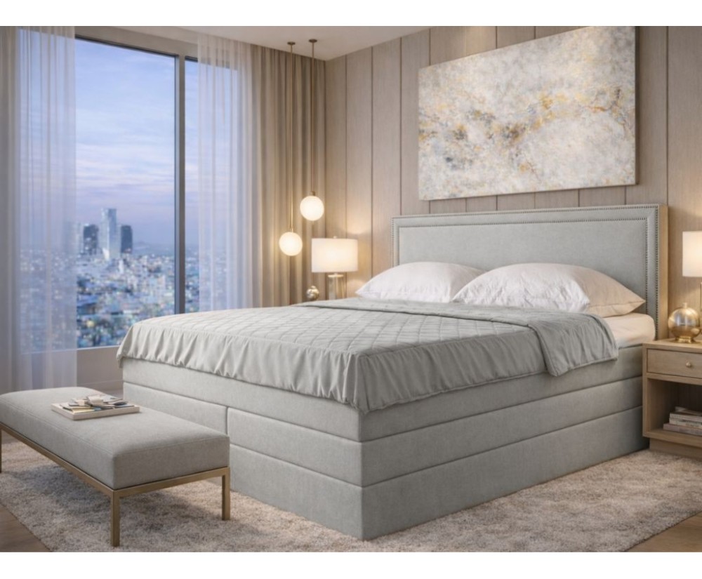 Elegantes Boxspringbett 140x200 cm mit Polsternagelband am Kopfteil, Ehebett mit Bettkasten, PRESTO 2K Elegantes Boxspringbett 140x200 cm mit Polsternagelband am Kopfteil, Ehebett mit Bettkasten, PRESTO 2K