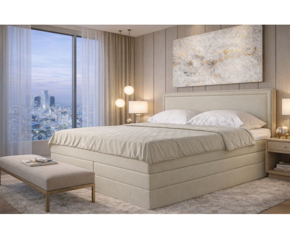 Elegantes Bett 160x200 cm mit zwei Matratzen und Bettkasten, Kopfteil mit Polsternagelband, Ehebett PRESTO 2K