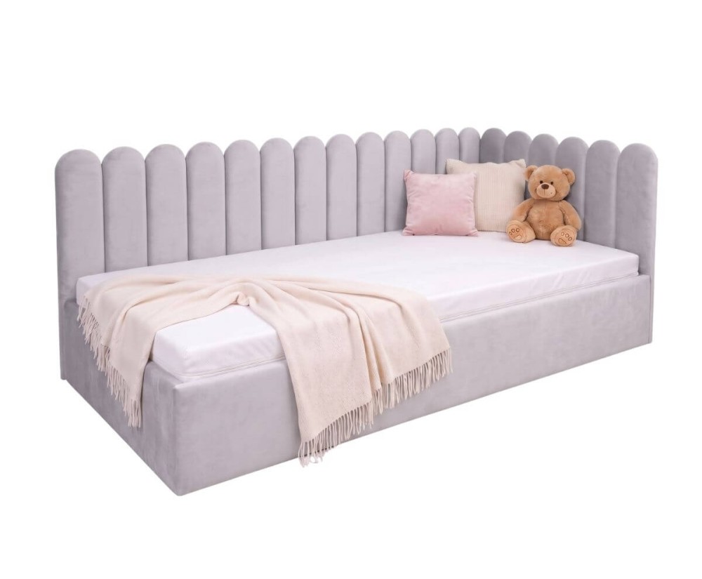 Polsterbett 90x200 cm mit Kopfteil im Zaun-Design und Bettkasten, Jugendbett LILO SM 02 Polsterbett 90x200 cm mit Kopfteil im Zaun-Design und Bettkasten, Jugendbett LILO SM 02