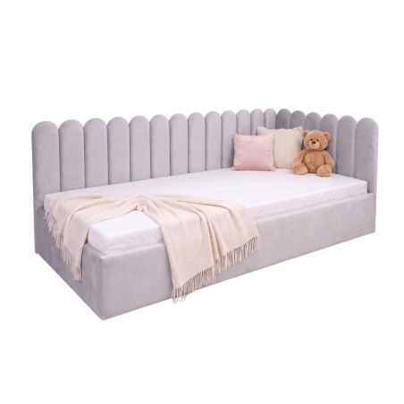 Polsterbett 90x200 cm mit Kopfteil im Zaun-Design und Bettkasten, Jugendbett LILO SM 02