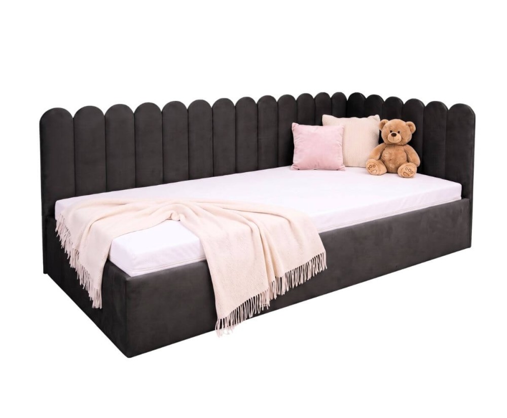 Polsterbett 90x200 cm mit Paneelen im Zaun-Design und Bettkasten, Jugendbett LILO SM 02 Polsterbett 90x200 cm mit Paneelen im Zaun-Design und Bettkasten, Jugendbett LILO SM 02