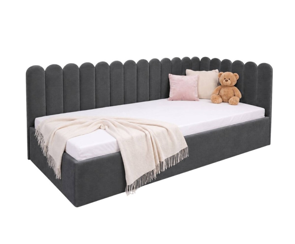 Polsterbett 90x200 cm mit Paneelen im Zaun-Design und Bettkasten, Jugendbett LILO SM 02