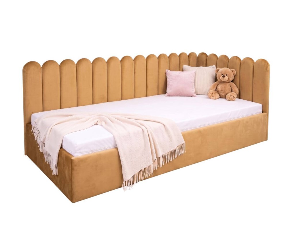 Polsterbett 90x200 cm mit Paneelen im Zaun-Design und Bettkasten, Jugendbett LILO SM 02 Polsterbett 90x200 cm mit Paneelen im Zaun-Design und Bettkasten, Jugendbett LILO SM 02
