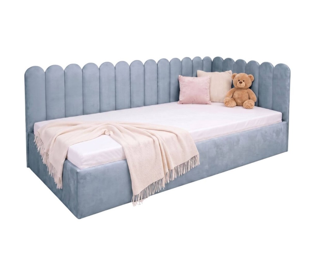 Polsterbett 90x200 cm mit Paneelen im Zaun-Design und Bettkasten, Jugendbett LILO SM 02 Polsterbett 90x200 cm mit Paneelen im Zaun-Design und Bettkasten, Jugendbett LILO SM 02