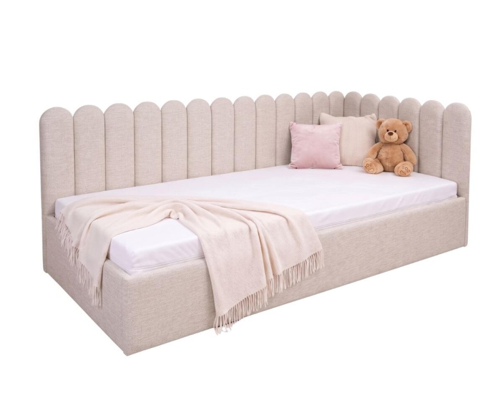 Polsterbett 90x200 cm mit Paneelen im Zaun-Design und Bettkasten, Jugendbett LILO SM 02