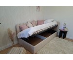 Polsterbett 90x200 cm mit Kopfteil im Zaun-Design und Bettkasten, Jugendbett LILO SM 02