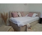 Polsterbett 90x200 cm mit Kopfteil im Zaun-Design und Bettkasten, Jugendbett LILO SM 02