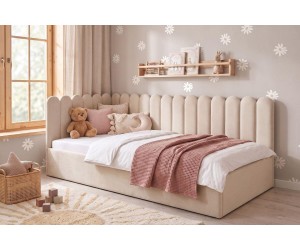 Polsterbett 90x200 cm mit Paneelen im Zaun-Design und Bettkasten, Jugendbett LILO SM 02