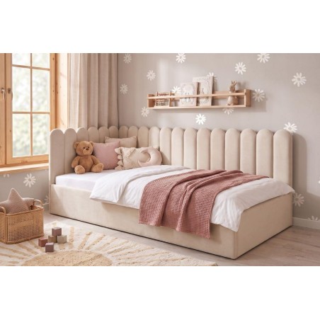 Polsterbett 90x200 cm mit Paneelen im Zaun-Design und Bettkasten, Jugendbett LILO SM 02