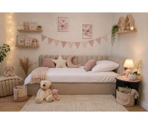 Polsterbett 90x200 cm RECHTS mit Kopfteil im Zaun-Design und Bettkasten, Stoff Riviera 06 hellbeige, Jugendbett LILO SM 02
