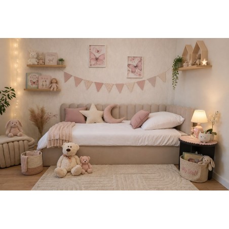 Polsterbett 90x200 cm RECHTS mit Kopfteil im Zaun-Design und Bettkasten, Stoff Riviera 06 hellbeige, Jugendbett LILO SM 02