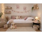 Polsterbett 90x200 cm RECHTS mit Kopfteil im Zaun-Design und Bettkasten, Stoff Riviera 06 hellbeige, Jugendbett LILO SM 02