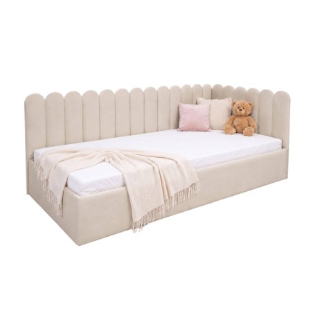 Polsterbett 90x200 cm RECHTS mit Kopfteil im Zaun-Design und Bettkasten, Stoff Riviera 06 hellbeige, Jugendbett LILO SM 02