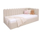 Polsterbett 90x200 cm RECHTS mit Kopfteil im Zaun-Design und Bettkasten, Stoff Riviera 06 hellbeige, Jugendbett LILO SM 02