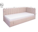 Polsterbett 90x200 cm RECHTS mit Kopfteil im Zaun-Design und Bettkasten, Stoff Riviera 06 hellbeige, Jugendbett LILO SM 02