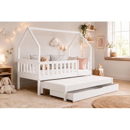 HAUSBETT 80x160 cm mit Schublade, Holzbett mit zusätzlichem Schlafplatz, 3 Farben: weiß, grau, Kiefer, ZOJA