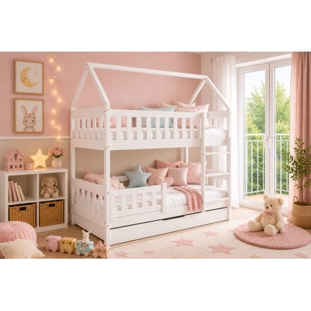 Hochbett 80x190 cm, HAUSBETT, Etagenbett, Holzbett mit Schublade, 3 Farben versandbereit, FELIX