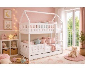 Hochbett 80x190 cm, HAUSBETT, Etagenbett, Holzbett mit Schublade, 3 Farben versandbereit, FELIX
