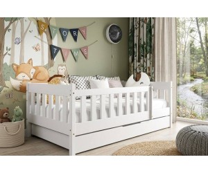 Holzbett 80x160 cm mit Schublade und Geländer, Kinderbett, drei Farbvarianten, BAMBI
