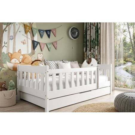 Holzbett 80x160 cm mit Schublade und Geländer, Kinderbett, drei Farbvarianten, BAMBI