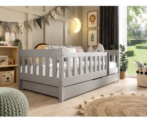 Holzbett 80x190 cm, mit Schublade und Geländer, Kinderbett in drei Farbvarianten, BAMBI
