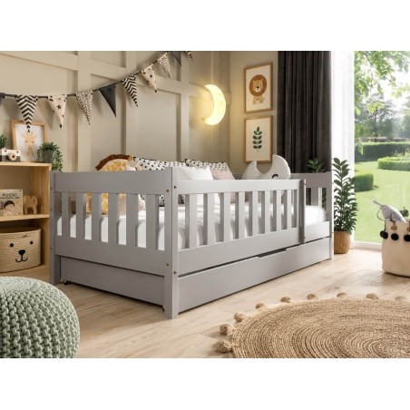 Holzbett 80x190 cm, mit Schublade und Geländer, Kinderbett in drei Farbvarianten, BAMBI