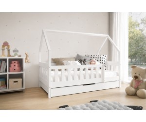 HAUSBETT 80x190 cm mit Schublade und Rausfallschutz, Holzbett, Kinderbett in drei Farbvarianten, TYMEK 2