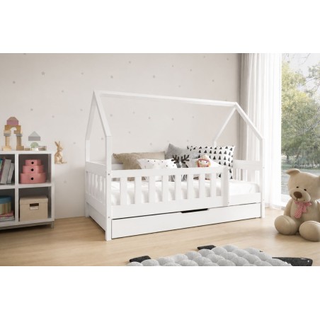HAUSBETT 80x190 cm mit Schublade und Rausfallschutz, Holzbett, Kinderbett in drei Farbvarianten, TYMEK 2